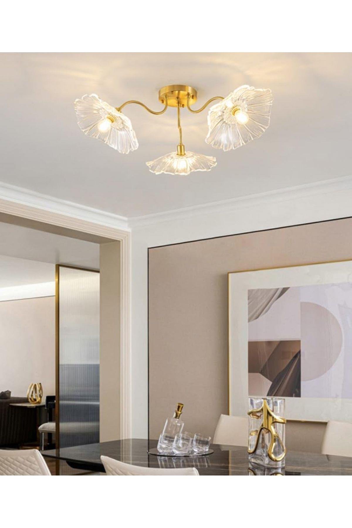 Lüx Cam Avize Şeffaf Renkli Kristal Camlı Plafonyer Avize Çiçek Üçlü Eskitme Gold Sarı