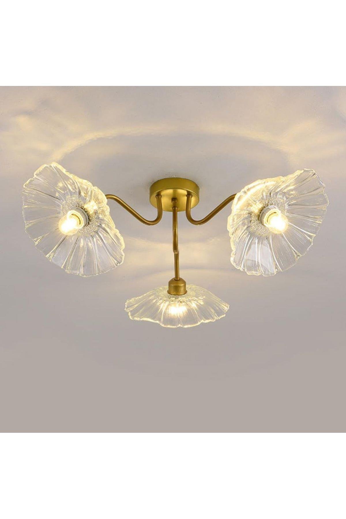 Lüx Cam Avize Şeffaf Renkli Kristal Camlı Plafonyer Avize Çiçek Üçlü Eskitme Gold Sarı
