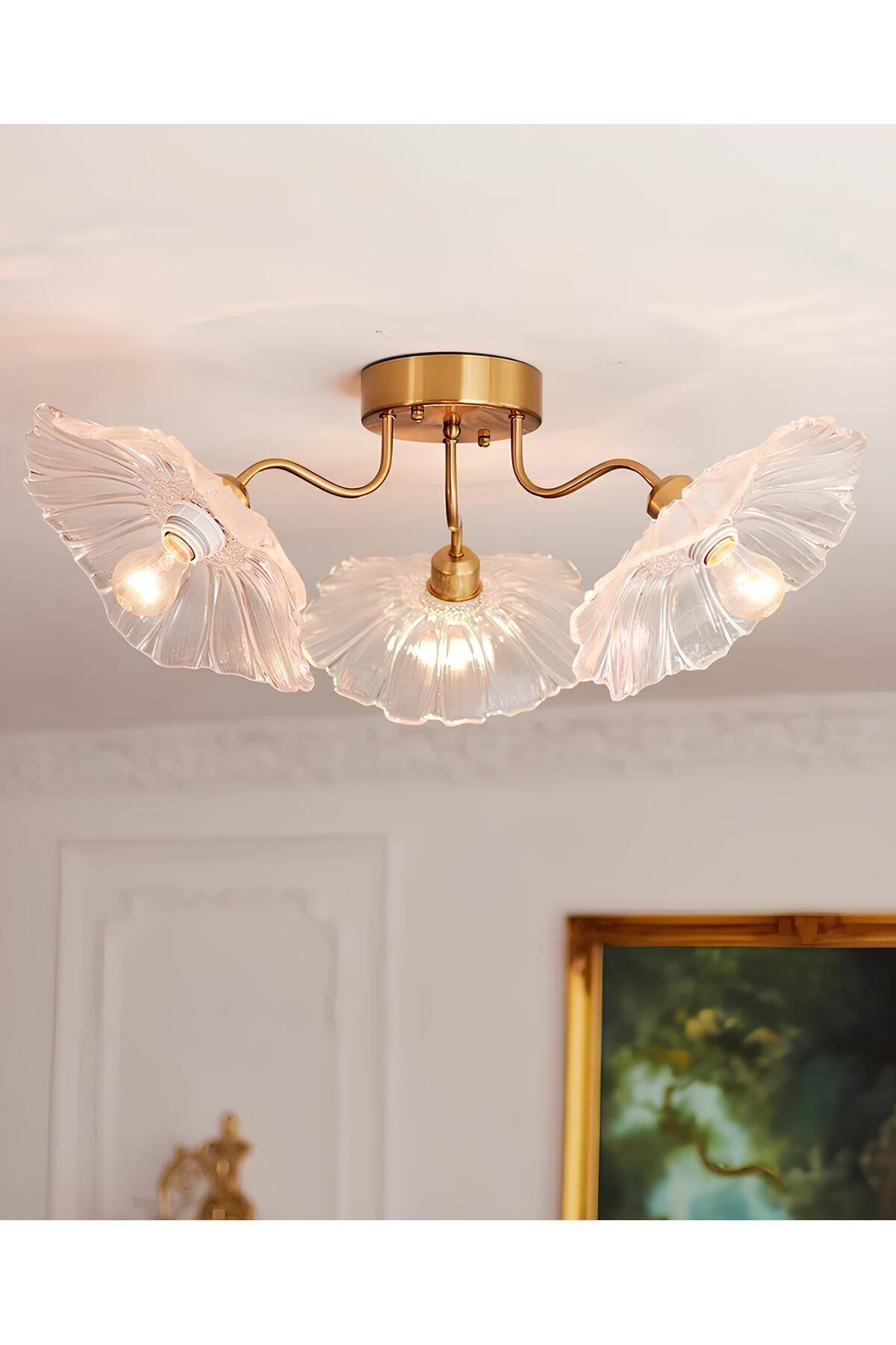 Lüx Cam Avize Şeffaf Renkli Kristal Camlı Plafonyer Avize Çiçek Üçlü Eskitme Gold Sarı