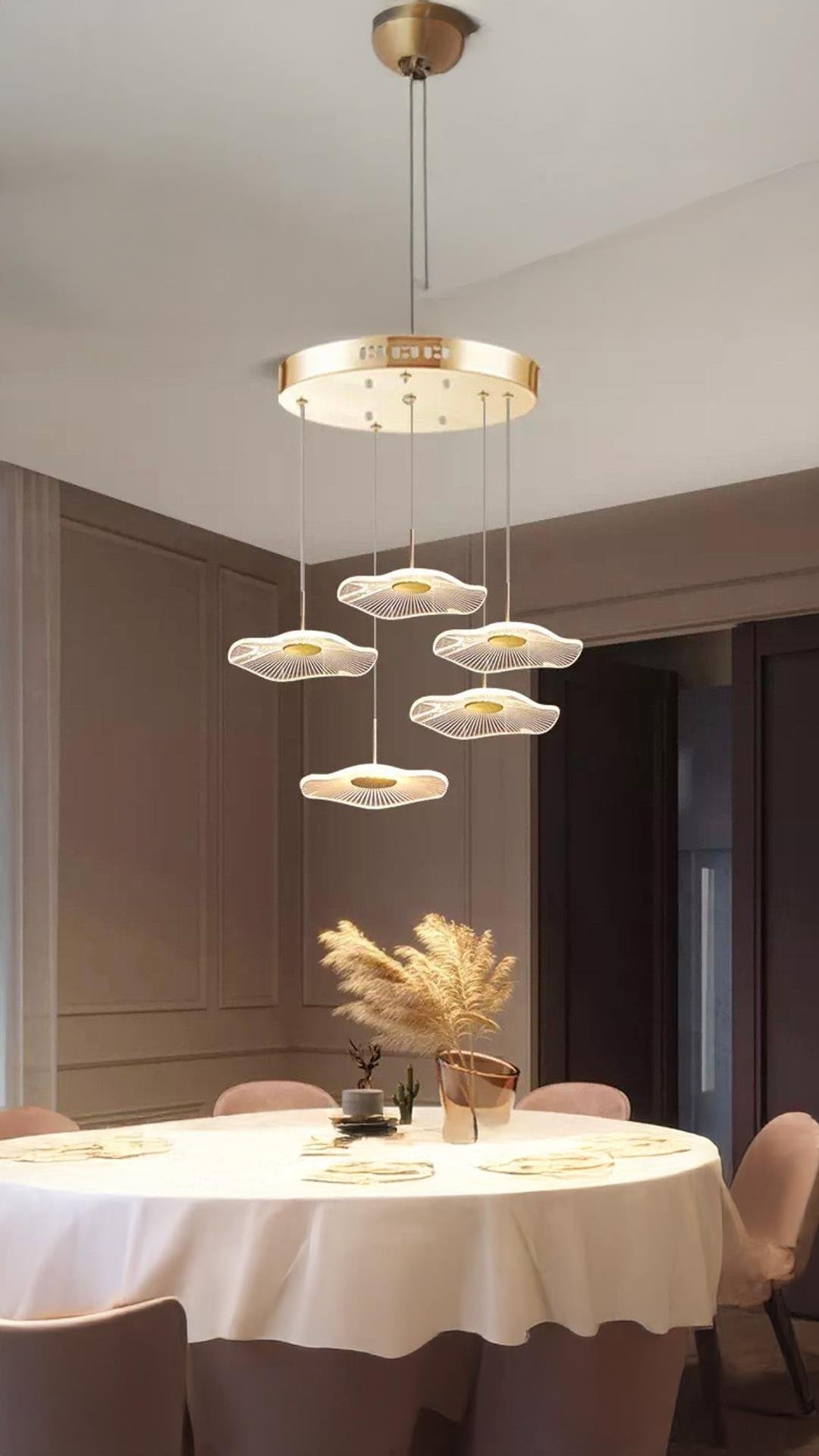 Luxury Exclusive Beşli Yuvarlak Sarkıt Led Avize Jellyfish Gold Sarı Ledli Avize
