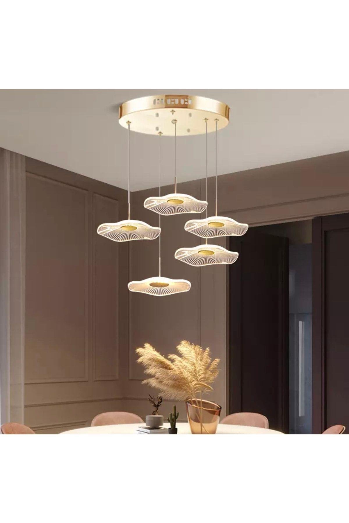 Luxury Exclusive Beşli Yuvarlak Sarkıt Led Avize Jellyfish Gold Sarı Ledli Avize
