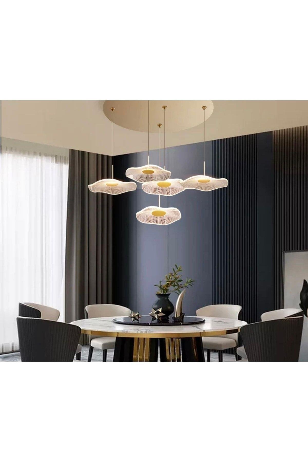 Luxury Exclusive Beşli Yuvarlak Sarkıt Led Avize Jellyfish Gold Sarı Ledli Avize