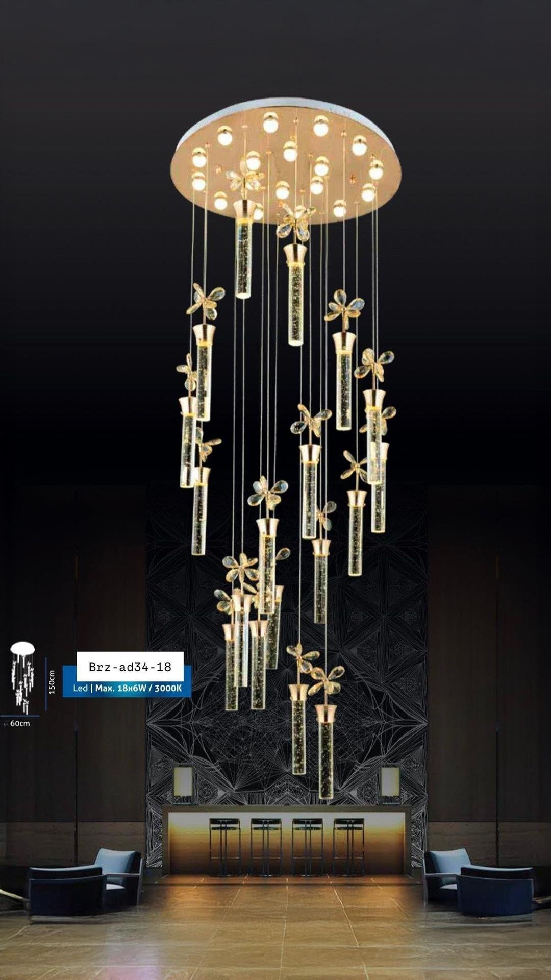 Luxury Exclusive Modern Kristal Led Sarkıt Avize 18 li Kumandalı 3 Renk