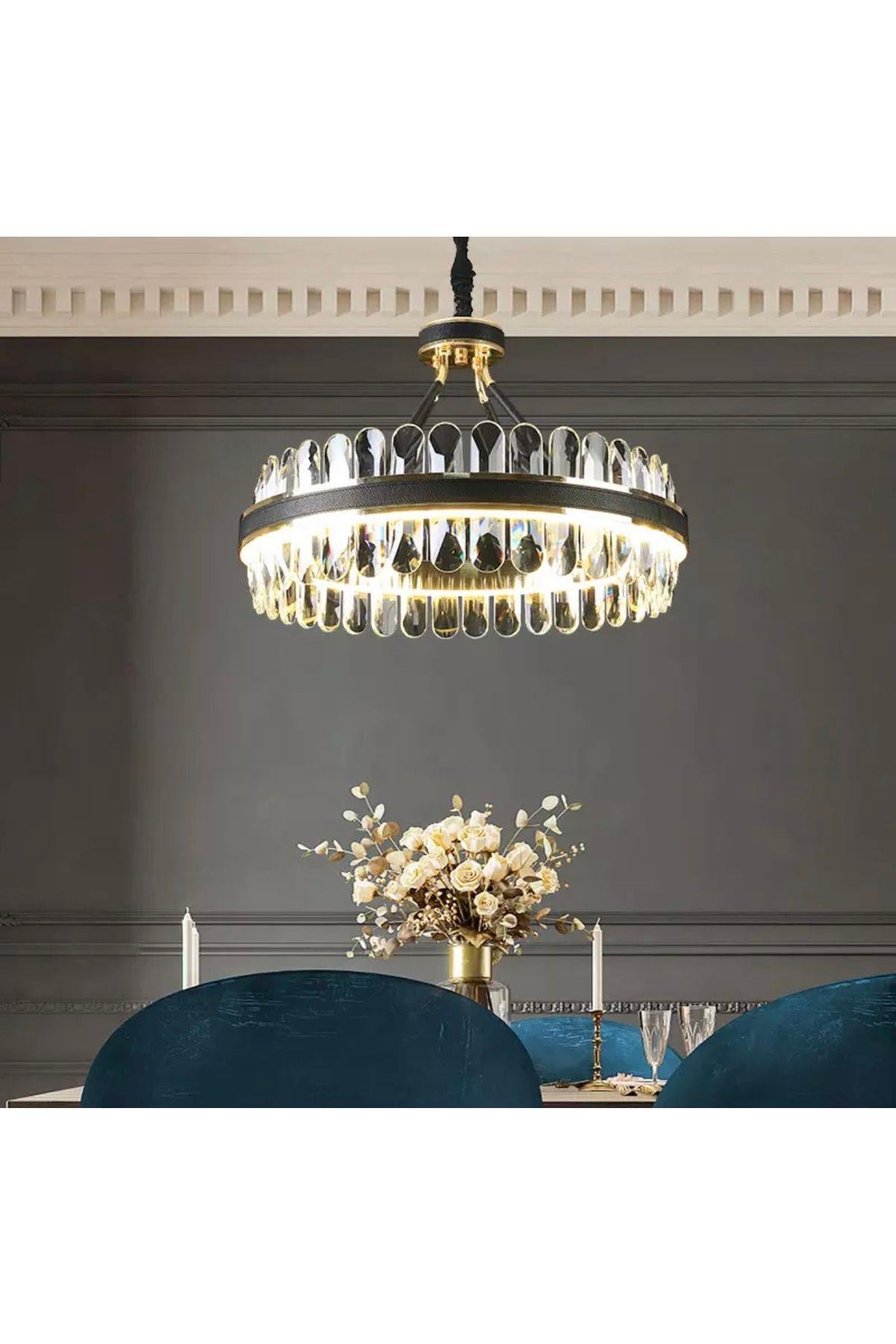 Luxury Exclusive Modern Sarkıt Kristal Taşlı Led Avize Gold Sarı 47 Cm Kademeli 3 Renk