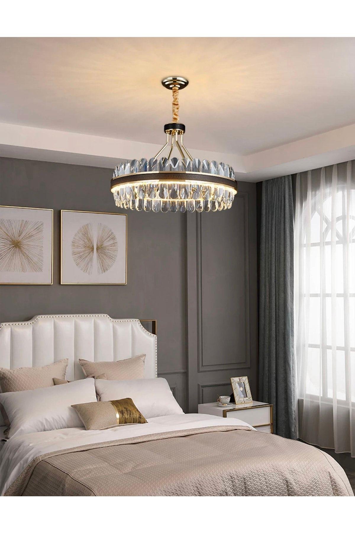 Luxury Exclusive Modern Sarkıt Kristal Taşlı Led Avize Gold Sarı 47 Cm Kademeli 3 Renk