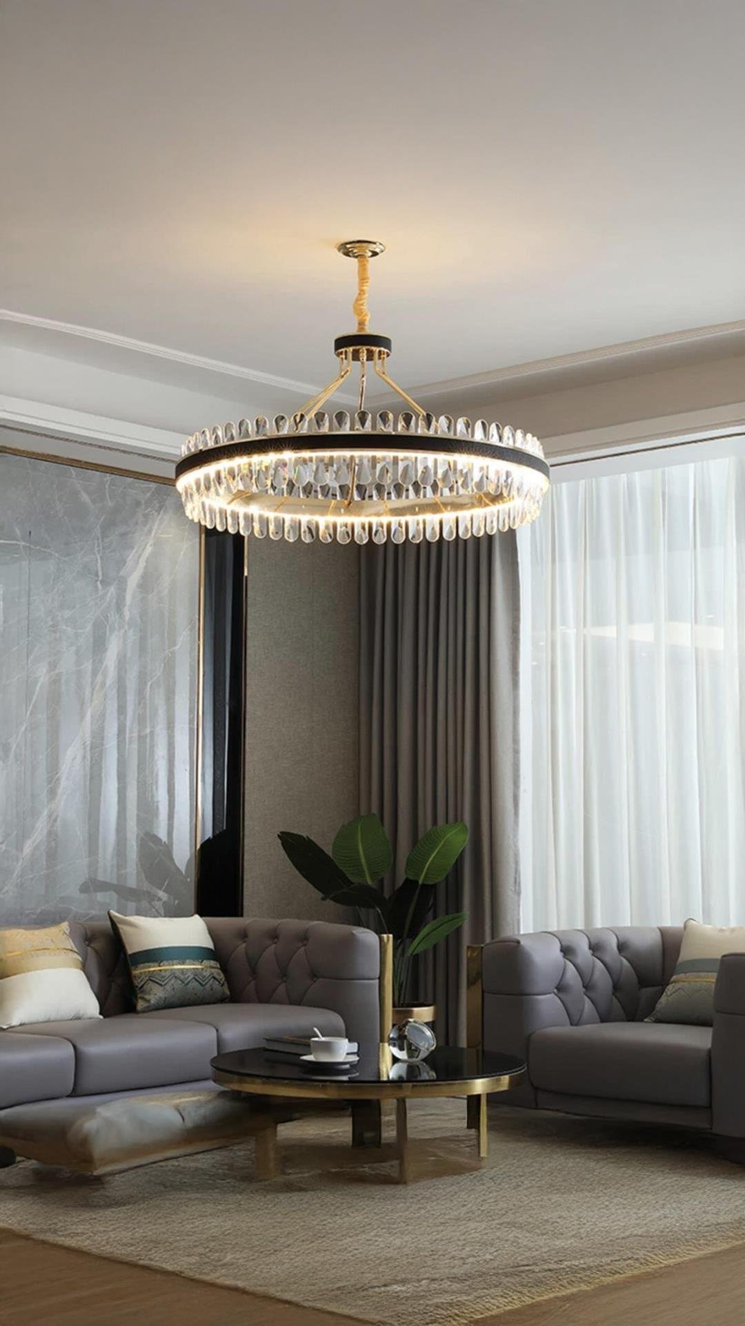 Luxury Exclusive Modern Sarkıt Kristal Taşlı Led Avize Gold Sarı 60'lık Kademeli 3 Renk Işık