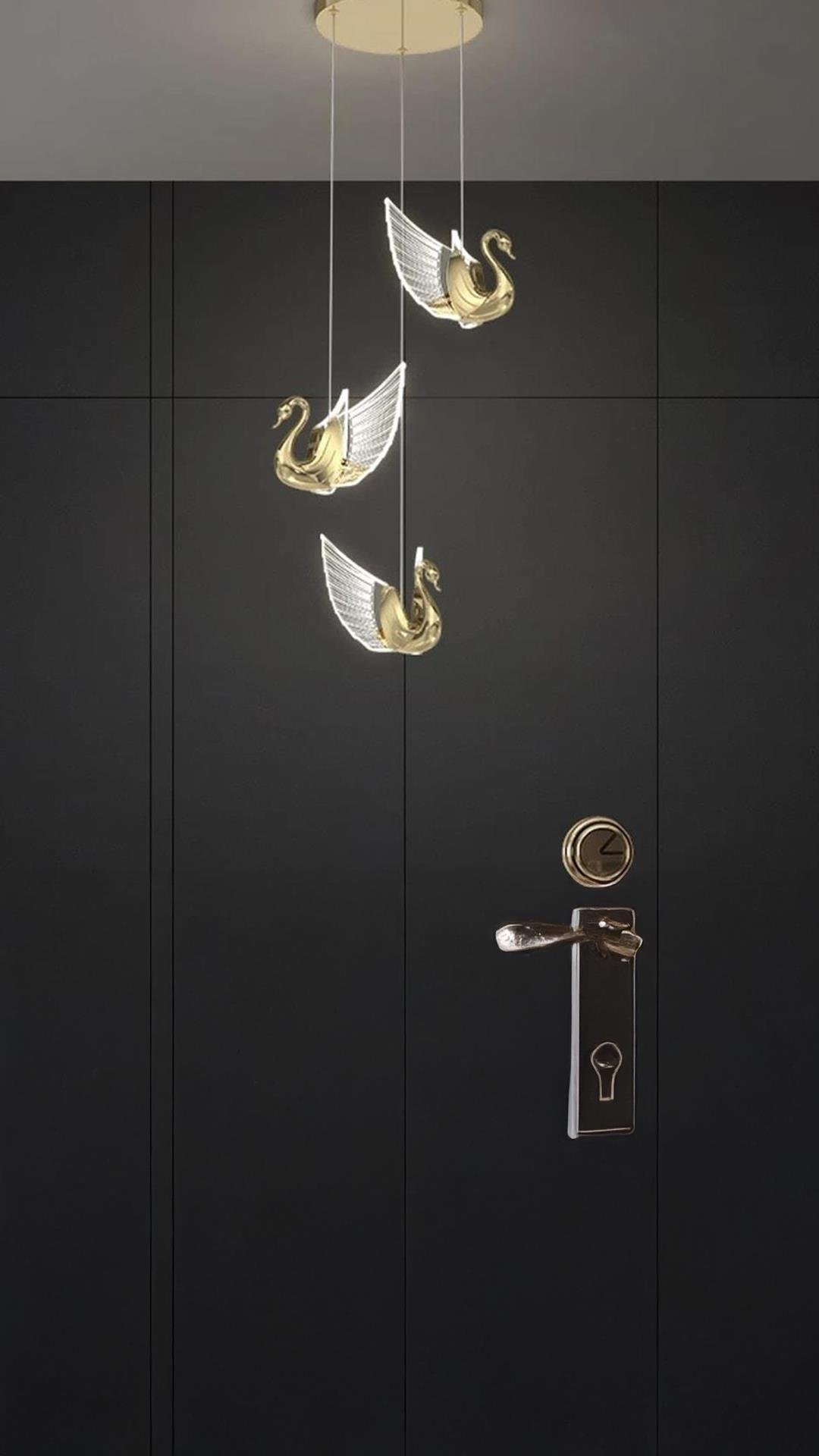 Luxury Exclusive Modern Sarkıt Üçlü Kuğu Led Avize Swan Gold Sarı Ledli Avize