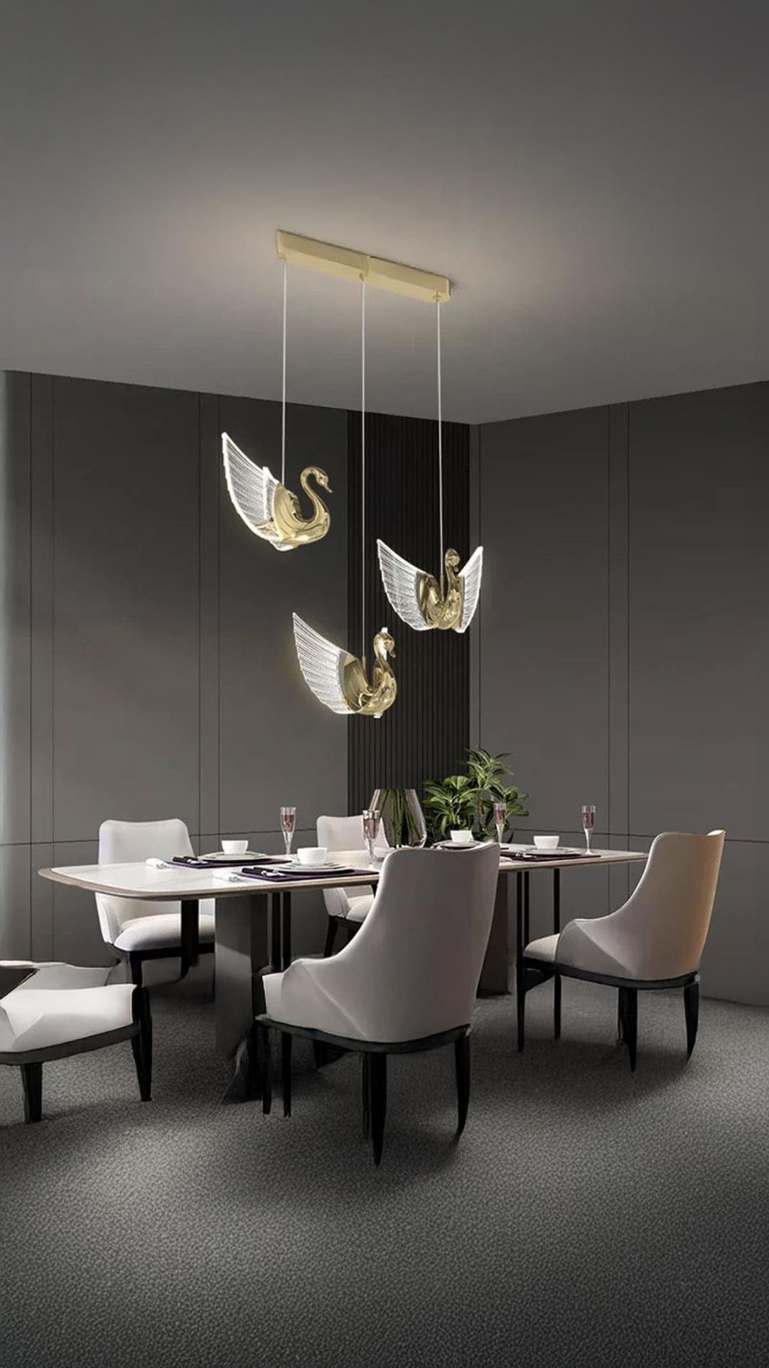 Luxury Exclusive Modern Sarkıt Üçlü Sıralı Kuğu Led Avize Swan Gold Sarı Ledli Avize