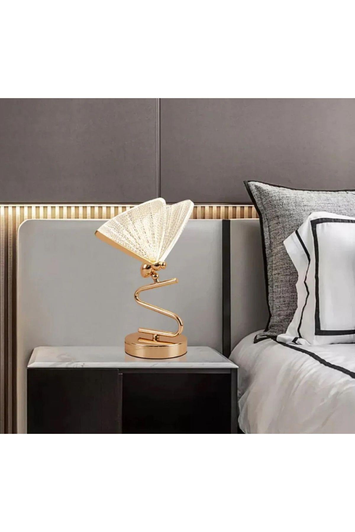Luxury Exclusive Modern Tasarım Abajur Kelebek Masa Lambası ButterFly Gold Sarı