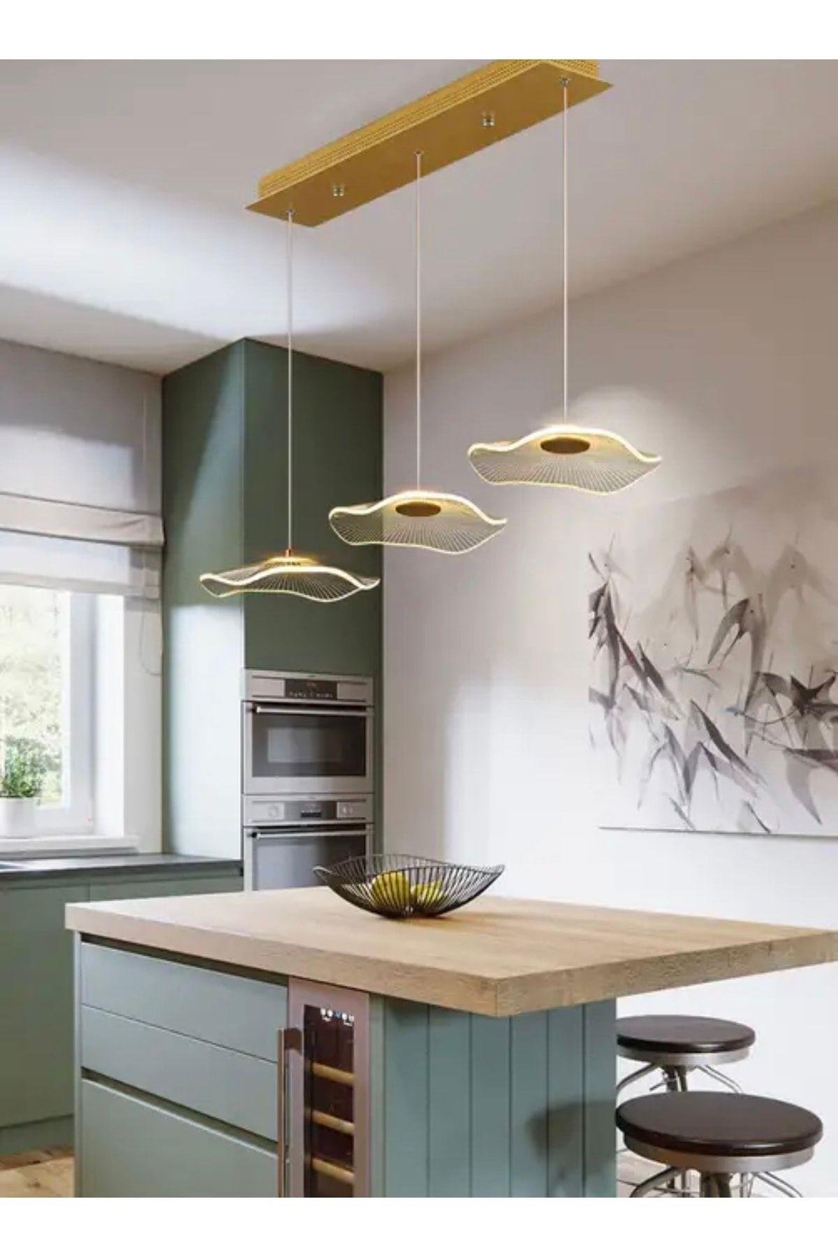 Luxury Exclusive Üçlü Sıralı Sarkıt Led Avize Jellyfish Gold Sarı Ledli Avize