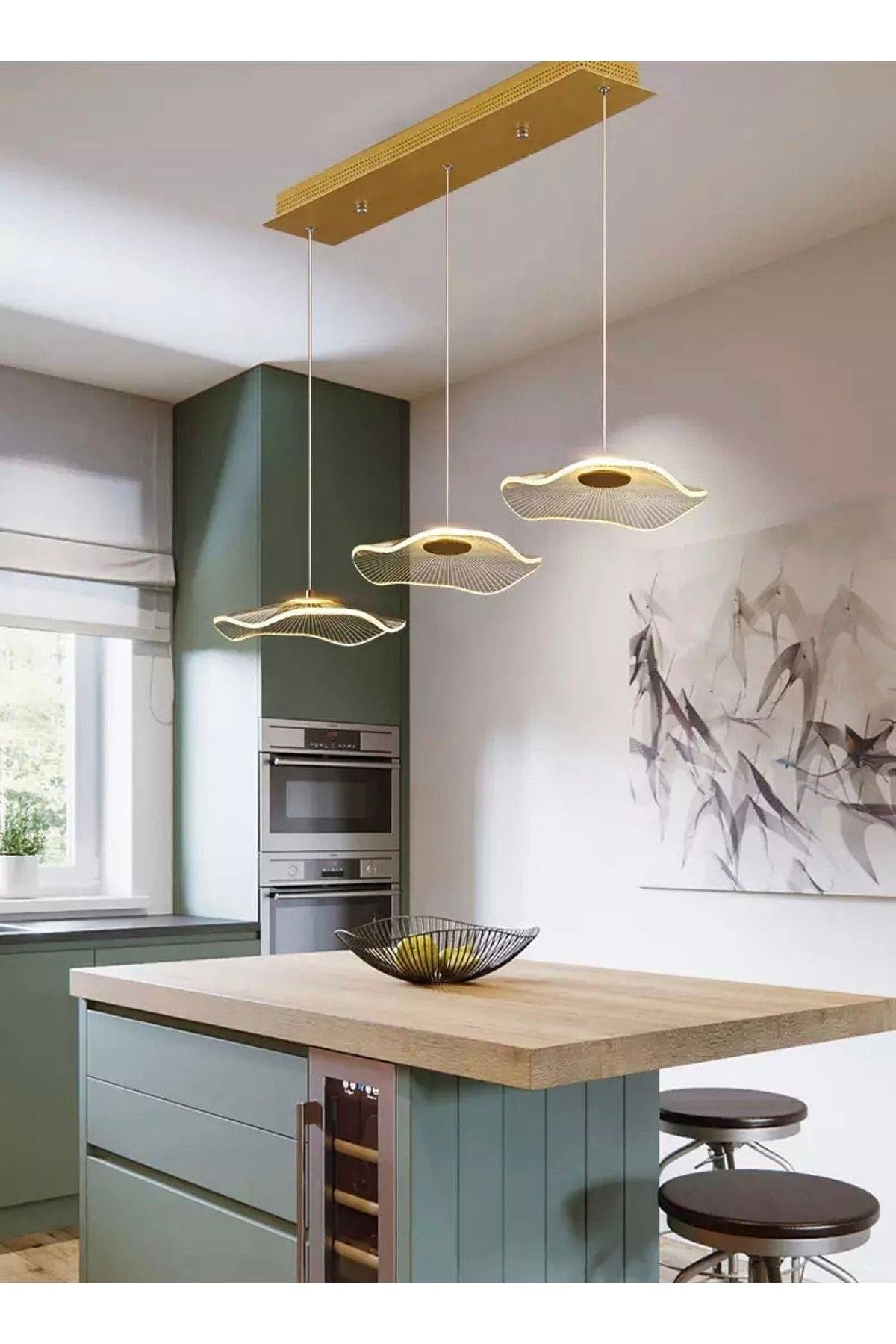 Luxury Exclusive Üçlü Sıralı Sarkıt Led Avize Jellyfish Gold Sarı Ledli Avize