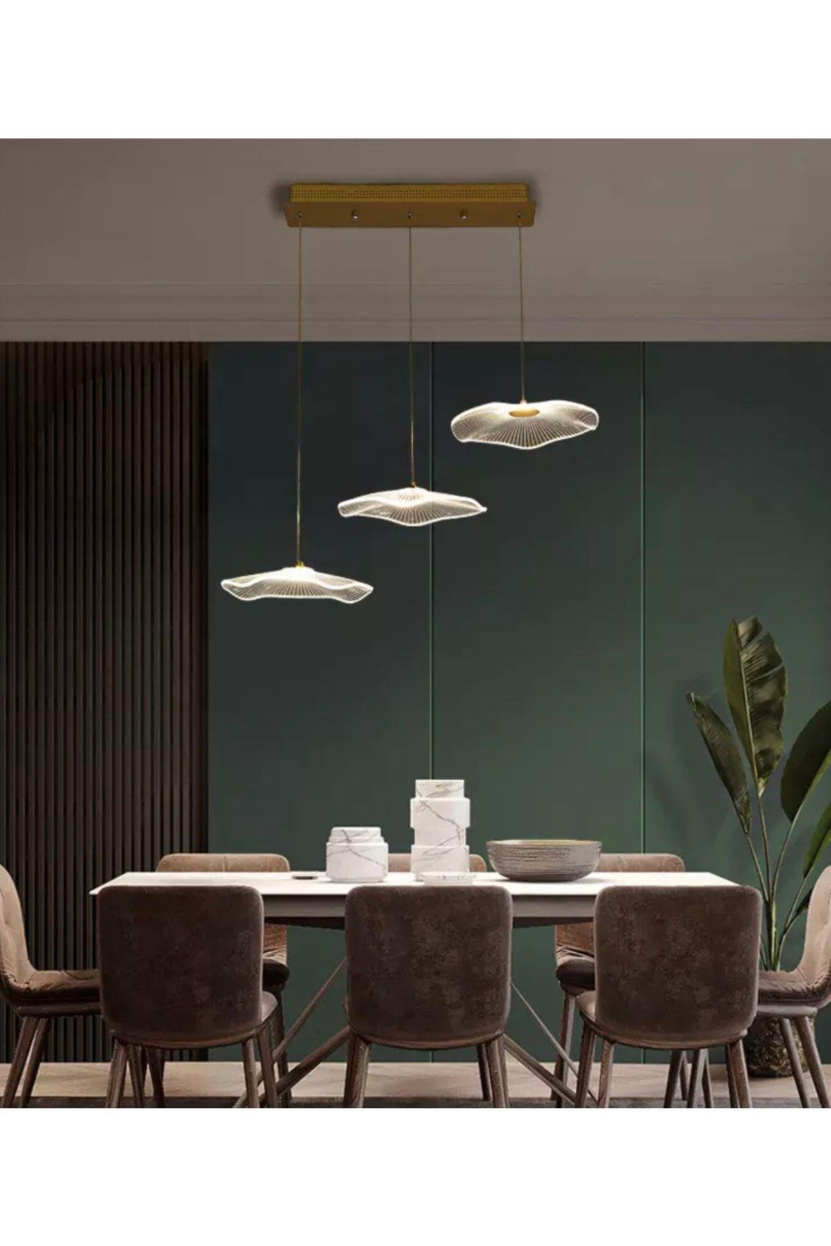 Luxury Exclusive Üçlü Sıralı Sarkıt Led Avize Jellyfish Gold Sarı Ledli Avize