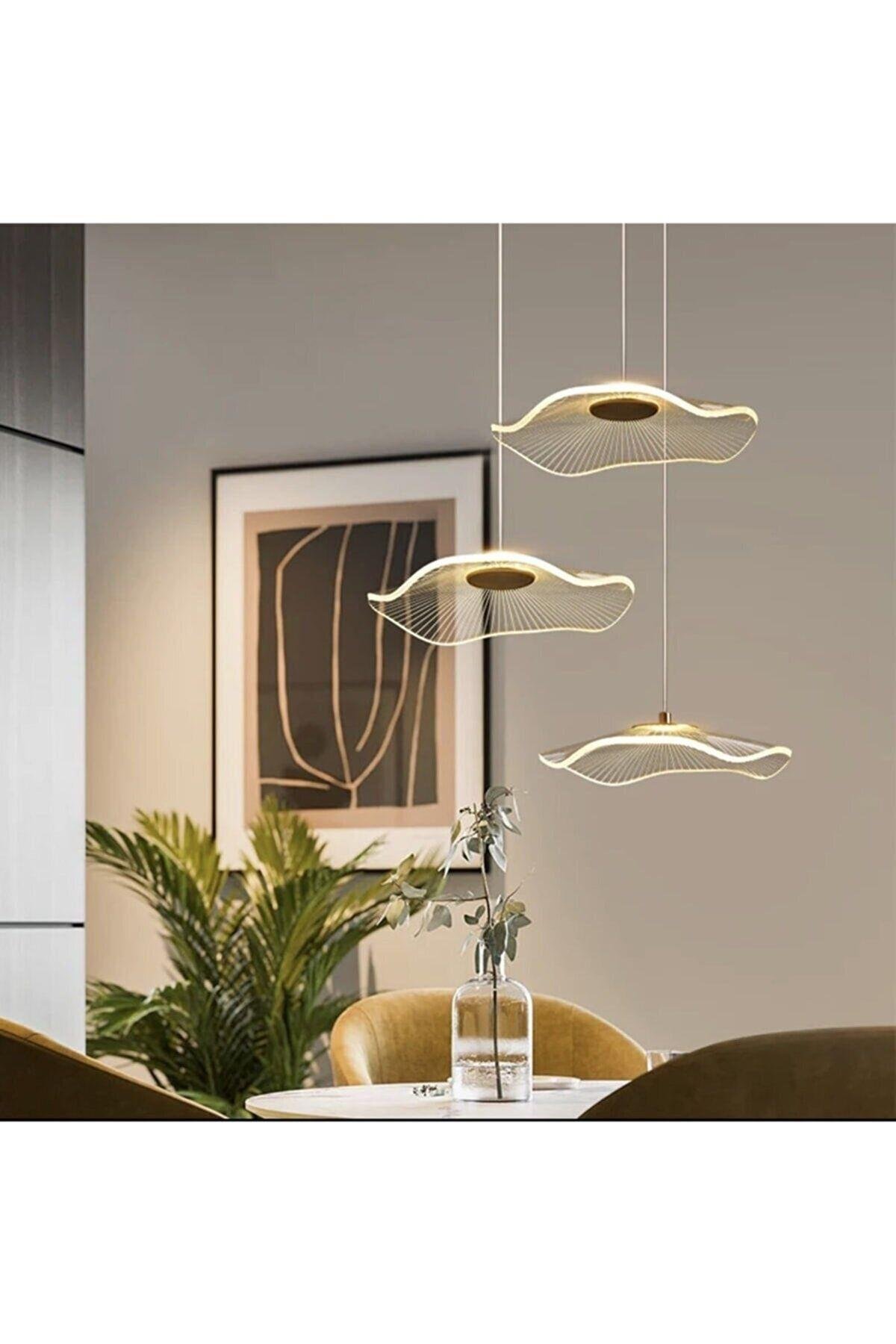 Luxury Exclusive Üçlü Yuvarlak Sarkıt Led Avize Jellyfish Gold Sarı Ledli Avize