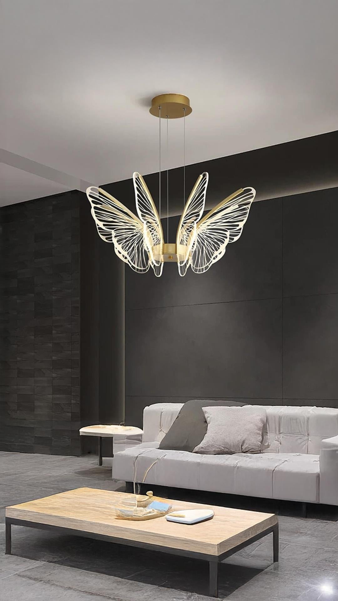 Luxury Kademeli 3 Renk Işıklı Modern Kelebek Sarkıt Led Avize Butterfly Gold Sarı