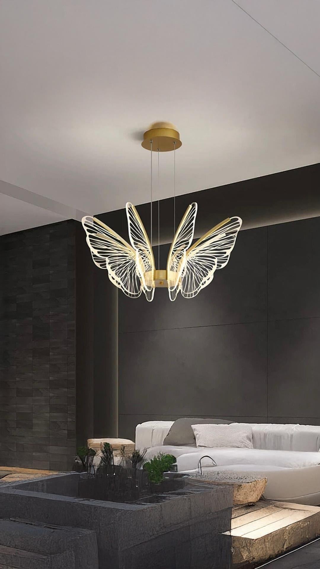 Luxury Kademeli 3 Renk Işıklı Modern Kelebek Sarkıt Led Avize Butterfly Gold Sarı