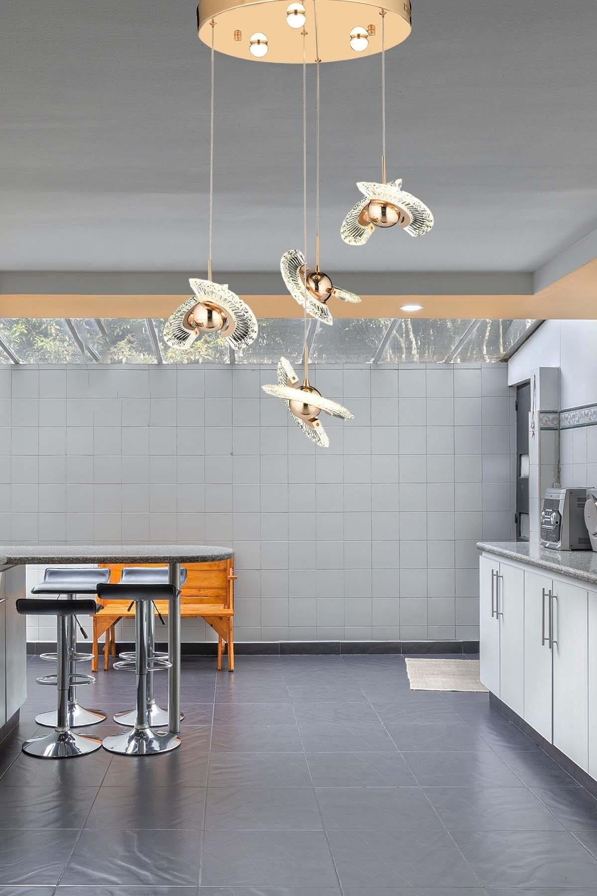 Luxury Modern Crystal Sarkıt Led Avize Dörtlü Gold Sarı