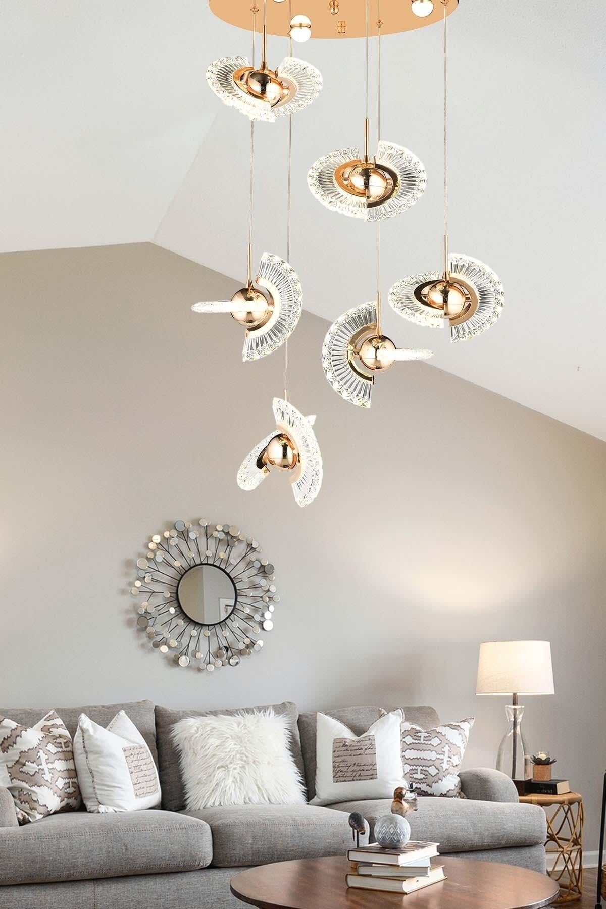 Luxury Modern Crystal Sarkıt Led Avize Altılı Gold Sarı