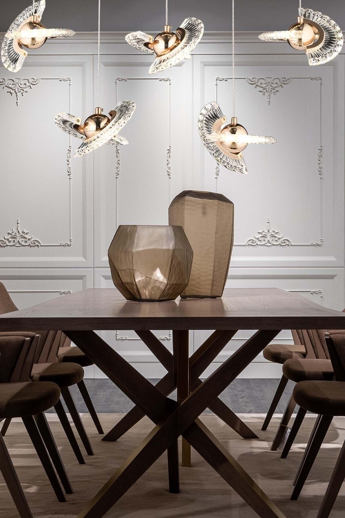 Luxury Modern Crystal Sarkıt Led Avize Beşli Sıralı Yemek Masası Gold Sarı