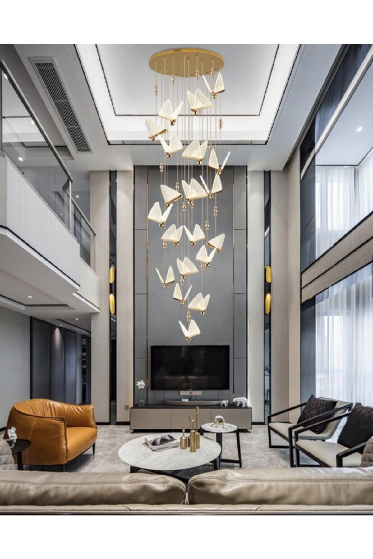 Luxury Modern Exclusive Sarkıt Kelebek Led Avize 19’lu Gold Sarı Gün Işığı