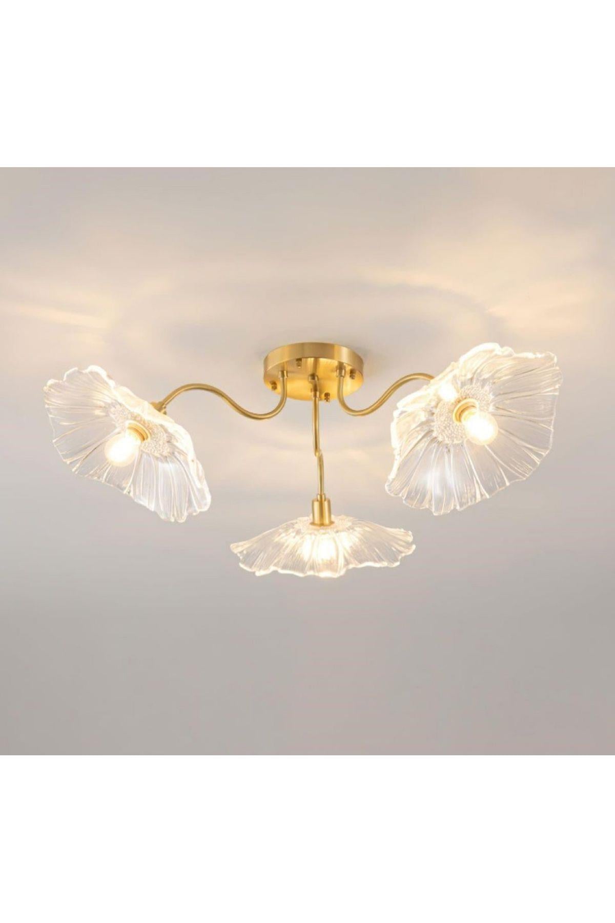 Luxury Modern Exclusive Tasarım Şeffaf Renk Kristal Camlı Flower Çiçek Üçlü Avize Eskitme Gold Sarı