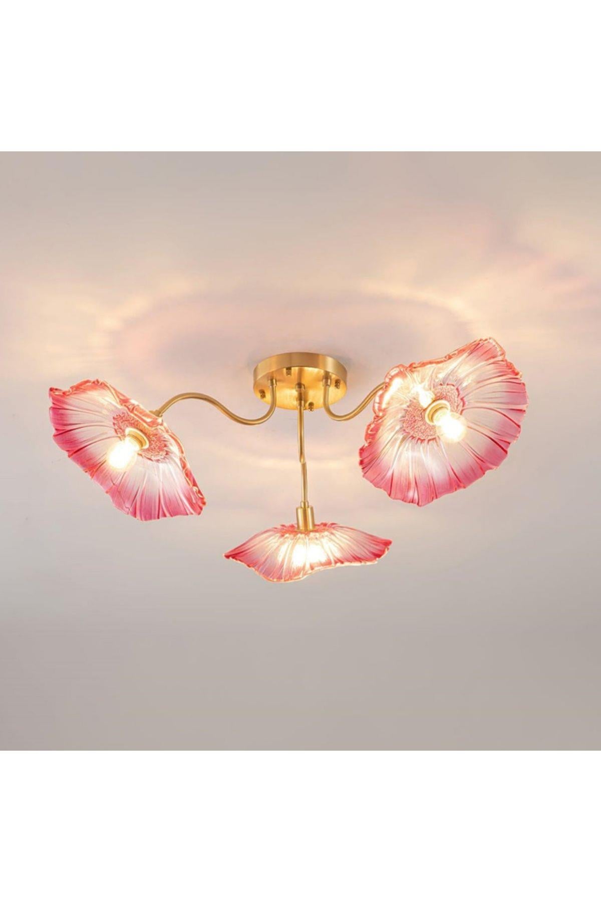 Luxury Modern Exclusive Tasarım Şeffaf Renk Kristal Camlı Flower Çiçek Üçlü Avize Eskitme Gold Sarı