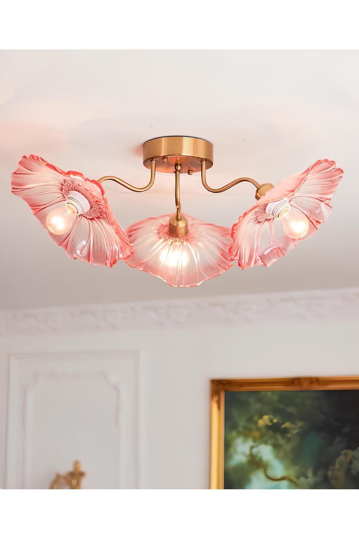 Luxury Modern Exclusive Tasarım Şeffaf Renk Kristal Camlı Flower Çiçek Üçlü Avize Eskitme Gold Sarı
