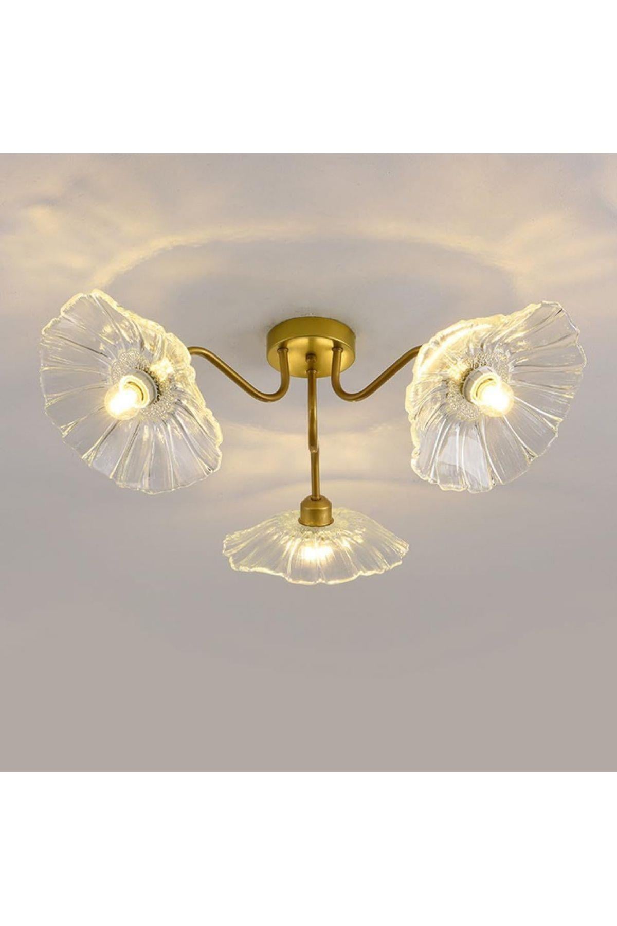 Luxury Modern Exclusive Tasarım Şeffaf Renk Kristal Camlı Flower Çiçek Üçlü Avize Eskitme Gold Sarı