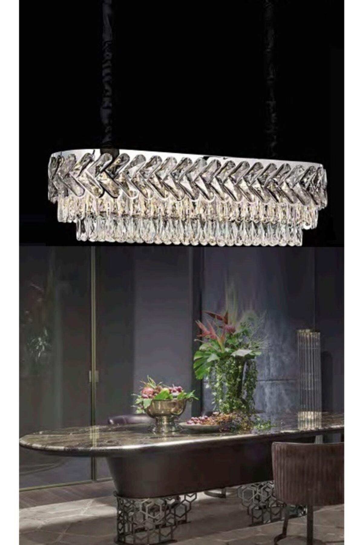 Luxury Modern Kristal Taşlı Sarkıt Avize Krom Yemek Masası