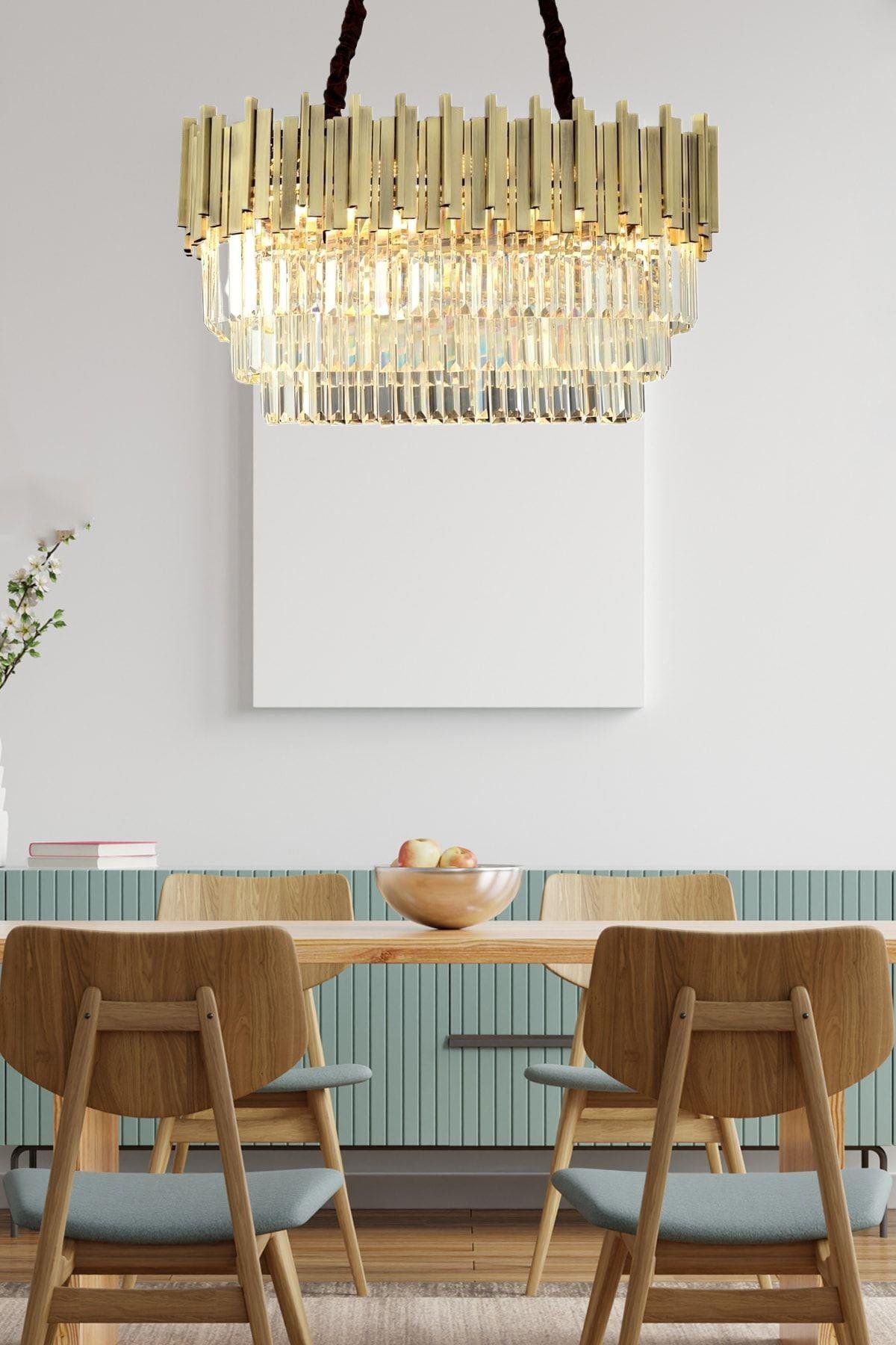 Luxury Modern Kristal Taşlı Sarkıt Avize Eskitme Yemek Masası