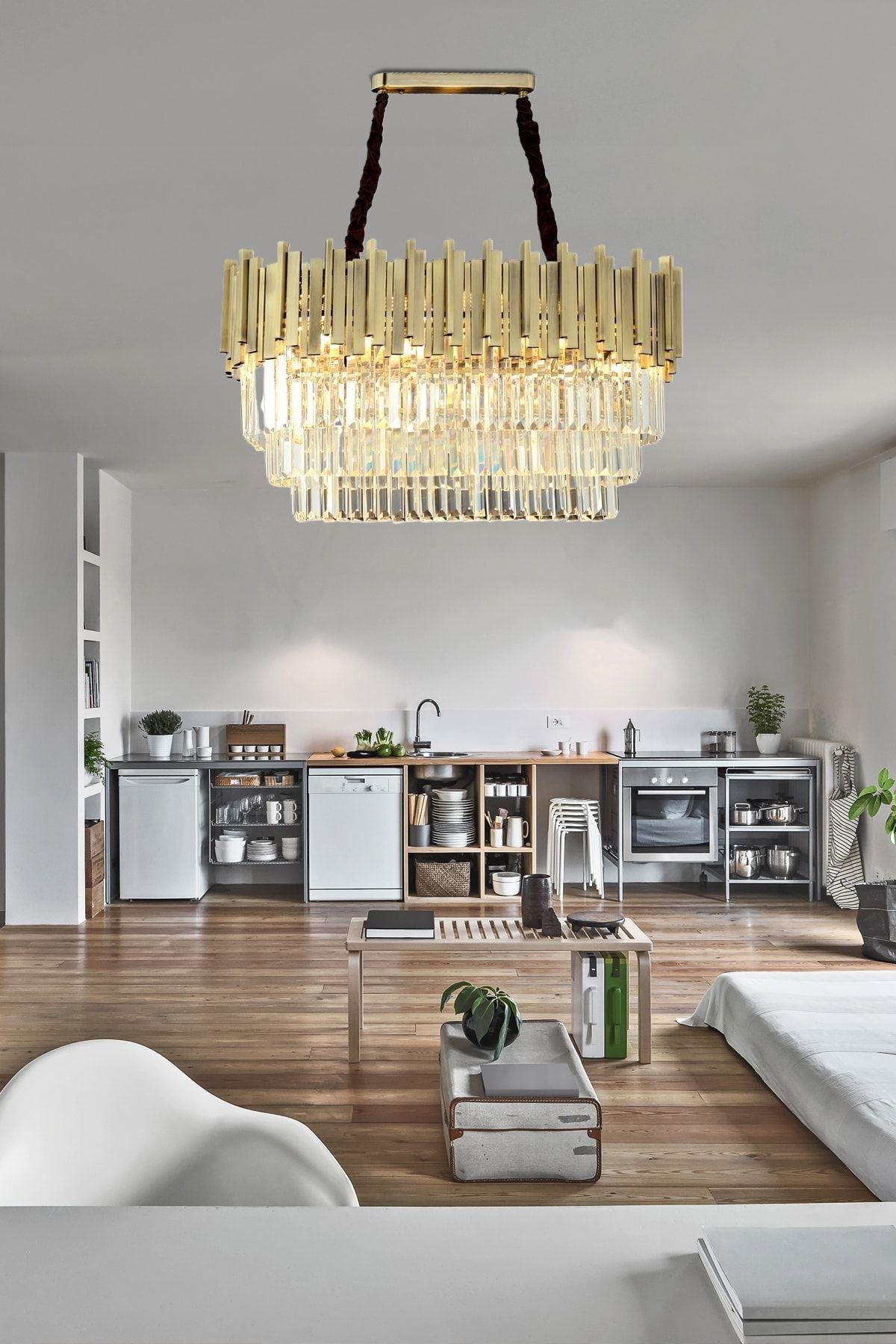Luxury Modern Kristal Taşlı Sarkıt Avize Eskitme Yemek Masası