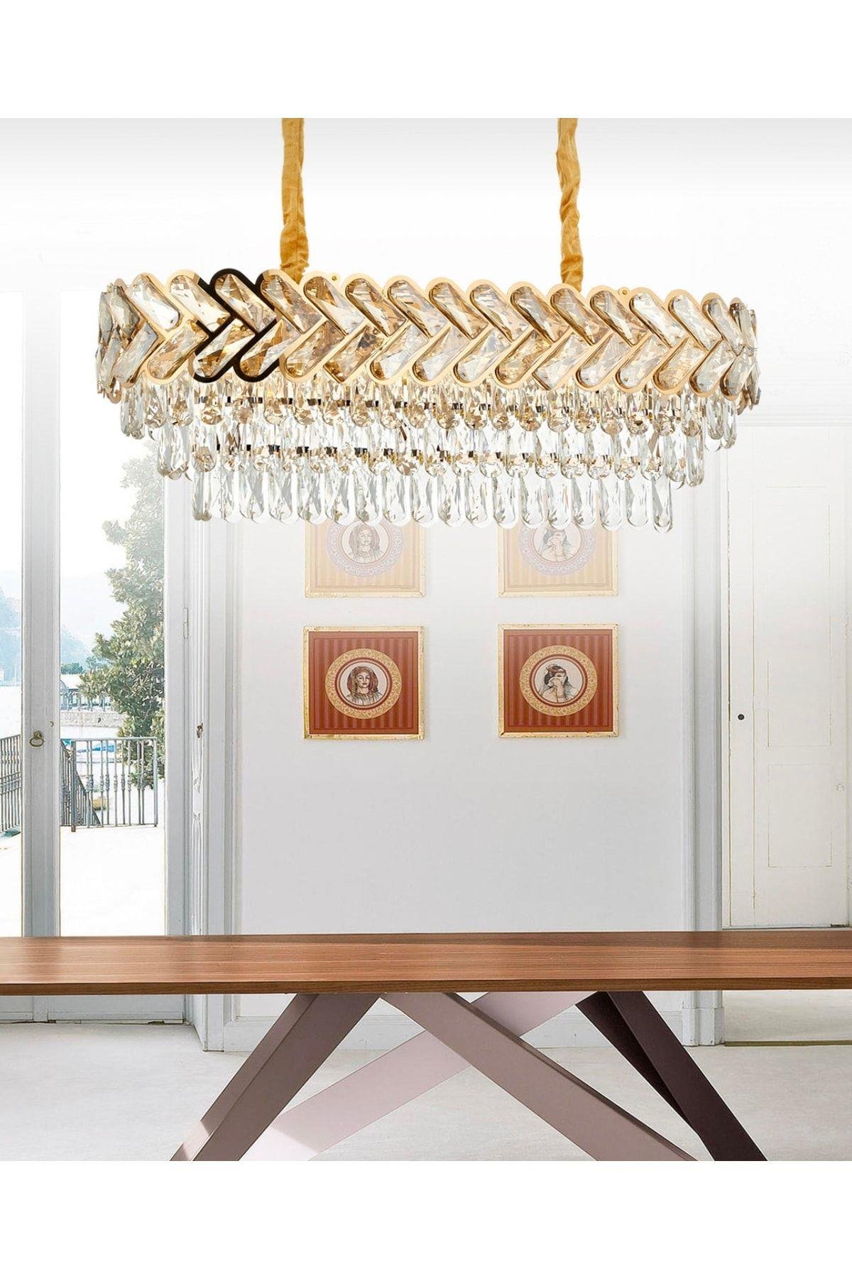 Luxury Modern Kristal Taşlı Sarkıt Avize Gold Sarı Yemek Masası