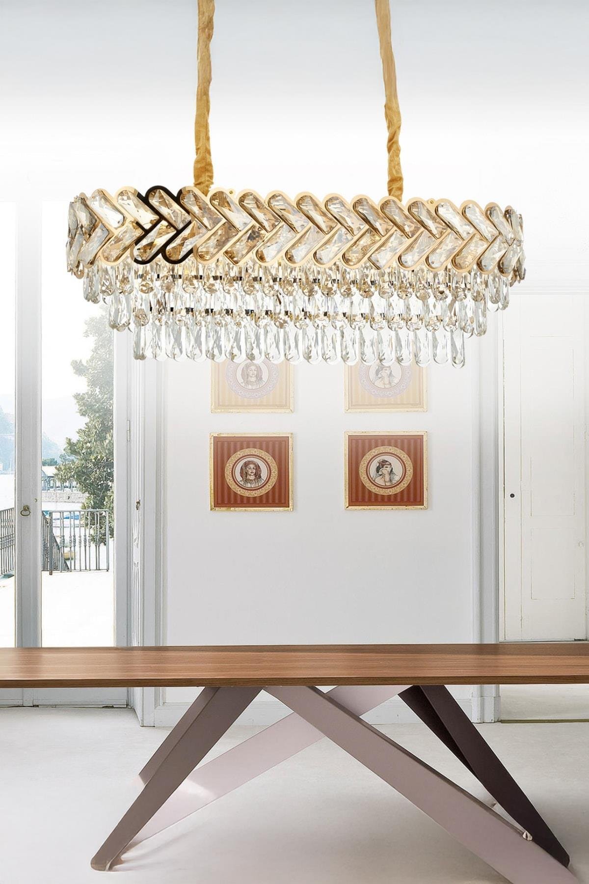 Luxury Modern Kristal Taşlı Sarkıt Avize Gold Sarı Yemek Masası