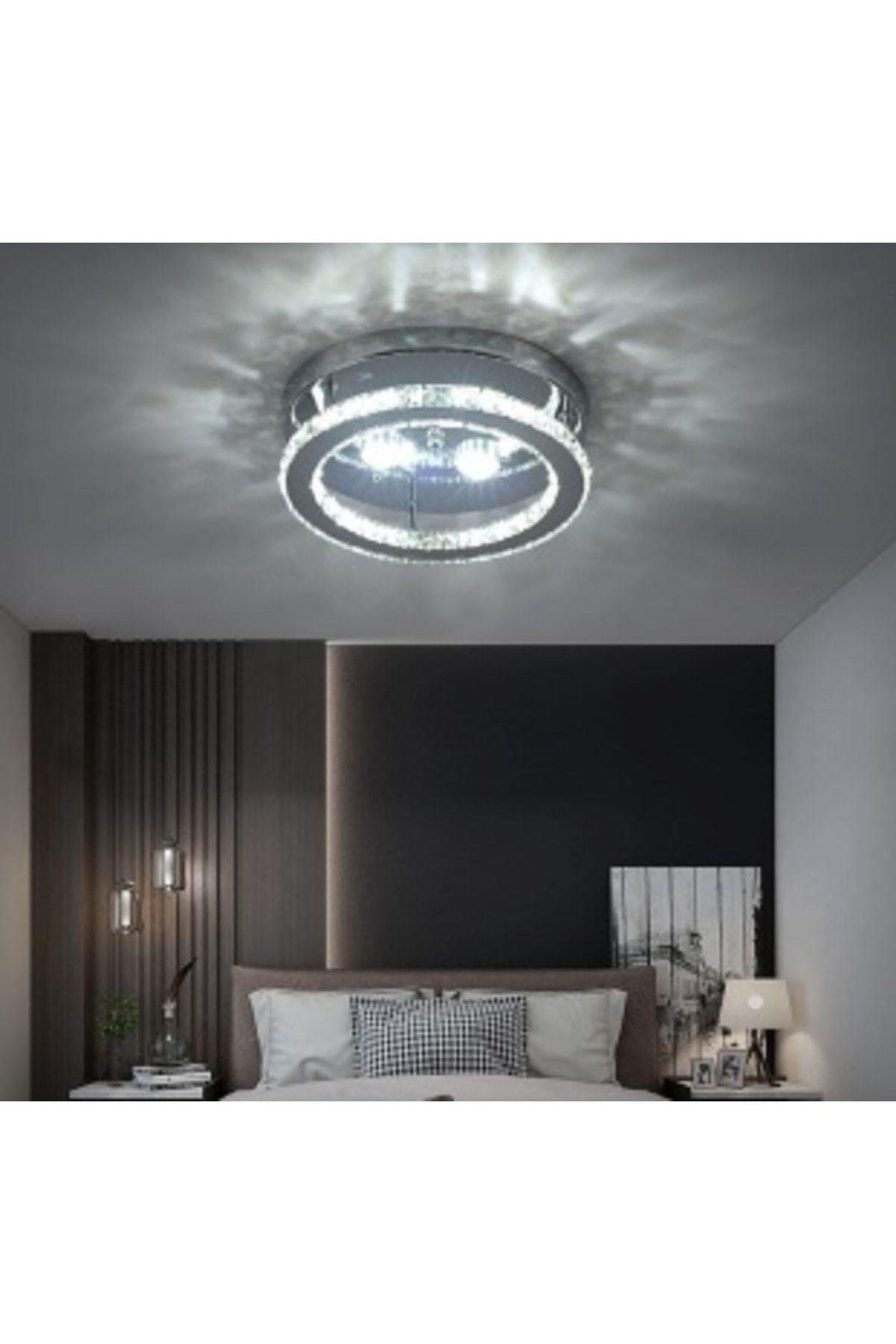 Luxury Modern Plafonyer Kristal Taşlı Led Avize Krom Kumandalı 3 Renk Uyku Modlu