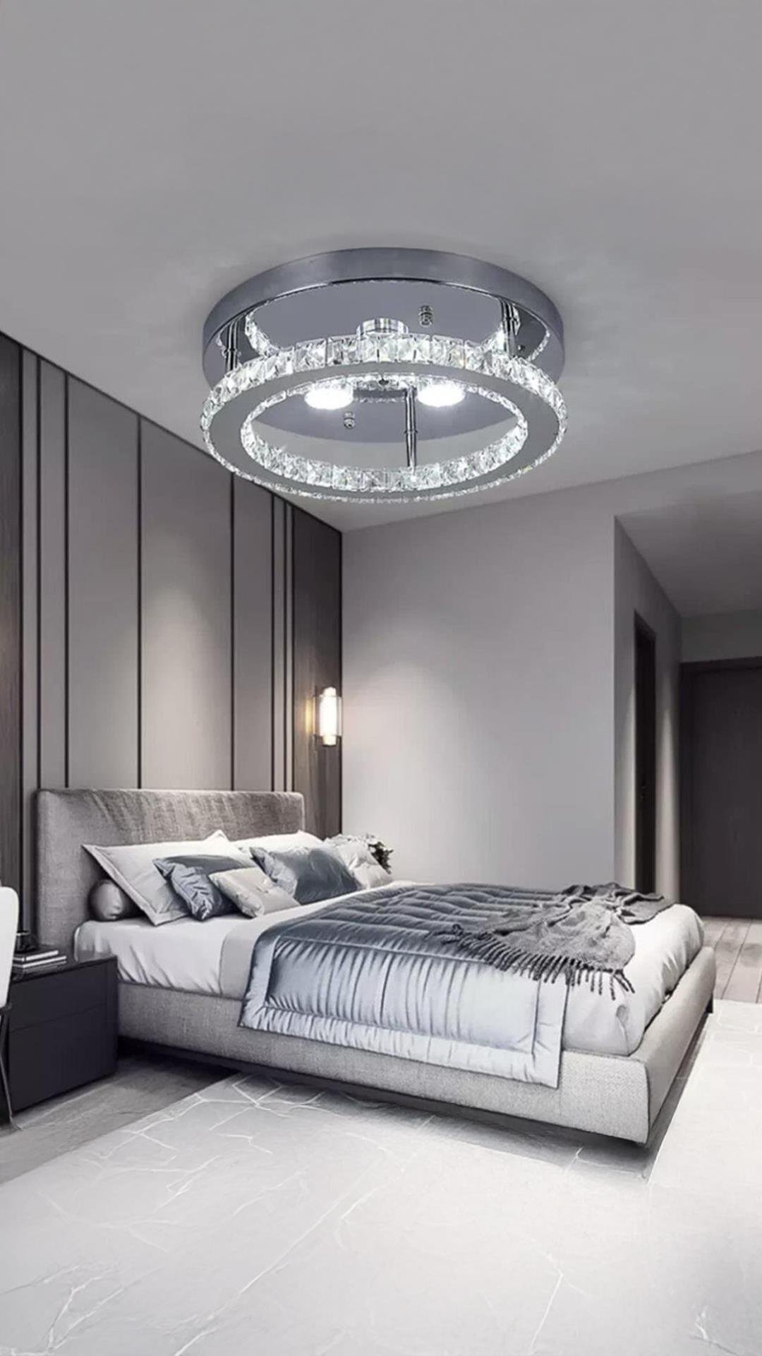 Luxury Modern Plafonyer Kristal Taşlı Led Avize Krom Kumandalı 3 Renk Uyku Modlu