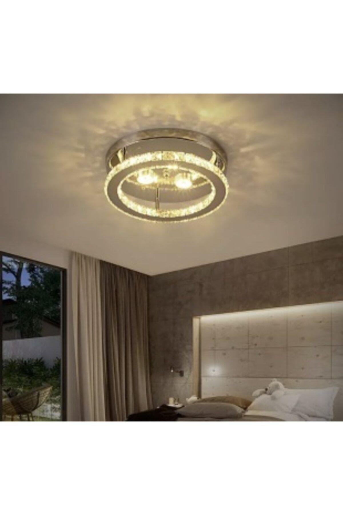 Luxury Modern Plafonyer Kristal Taşlı Led Avize Krom Kumandalı 3 Renk Uyku Modlu