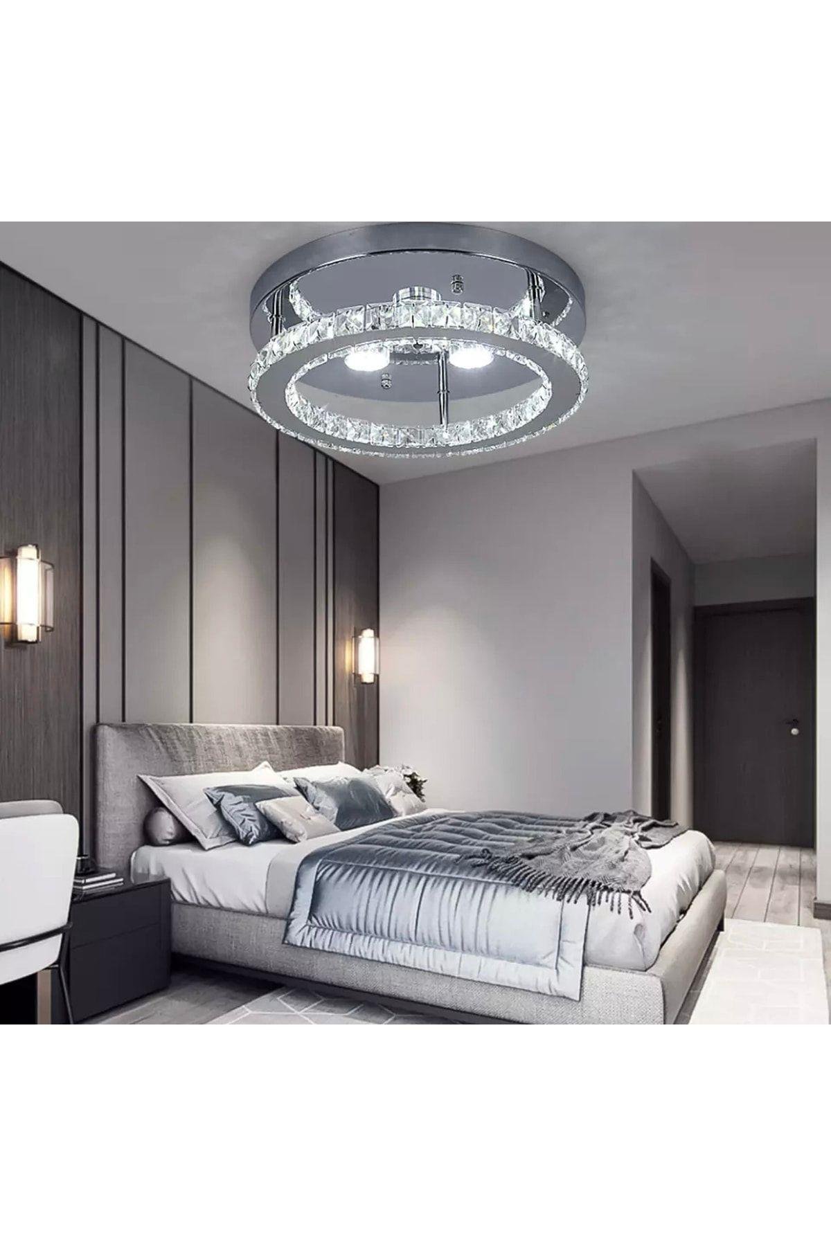 Luxury Modern Plafonyer Kristal Taşlı Led Avize Krom Kumandalı 3 Renk Uyku Modlu
