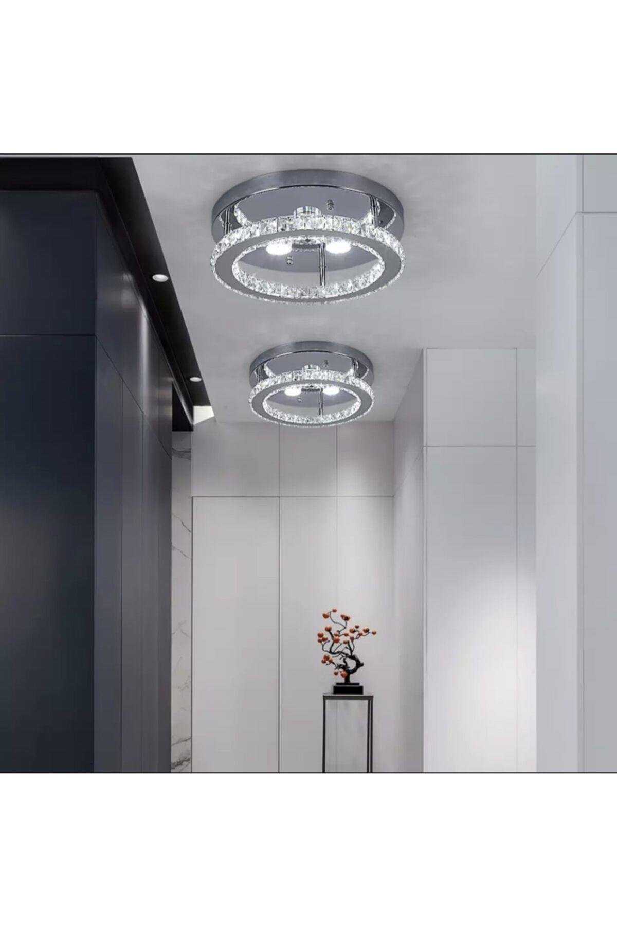Luxury Modern Plafonyer Kristal Taşlı Led Avize Krom Kumandalı 3 Renk Uyku Modlu