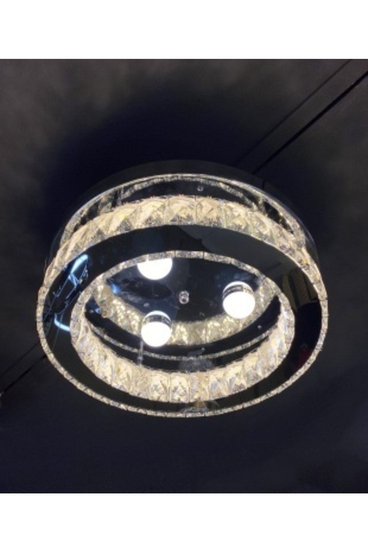 Luxury Modern Plafonyer Kristal Taşlı Led Avize Krom Kumandalı 3 Renk Uyku Modlu