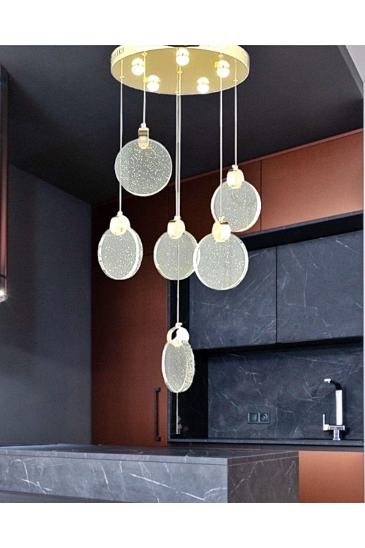 Luxury Modern Sarkıt Altılı Power Led Avize Şık Görsellik Katar Gold Sarı