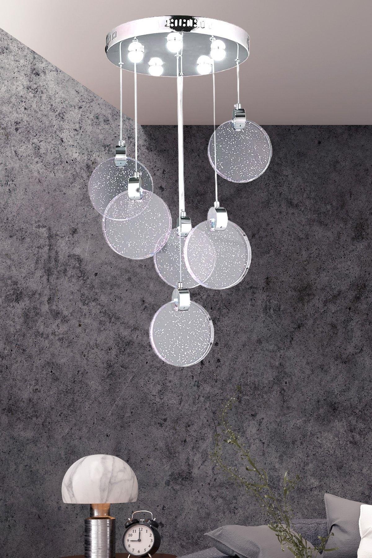 Luxury Modern Sarkıt Altılı Power Led Avize Camlı Krom