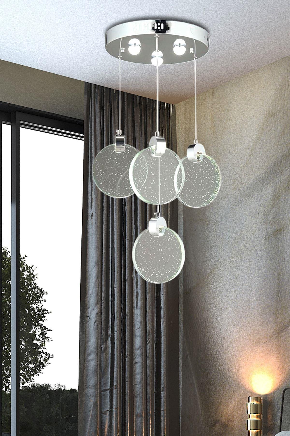 Luxury Modern Sarkıt Dörtlü Power Led Avize Camlı Krom