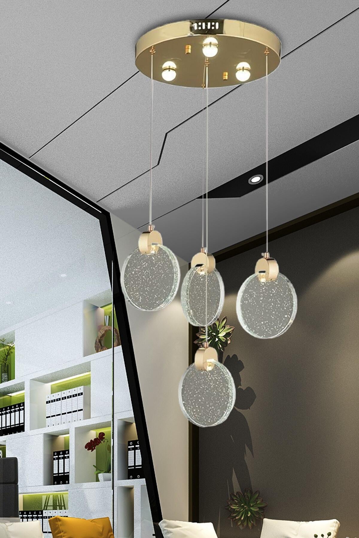 Luxury Modern Sarkıt Dörtlü Power Led Avize Kristal Boncuklu Camlı Gold Sarı