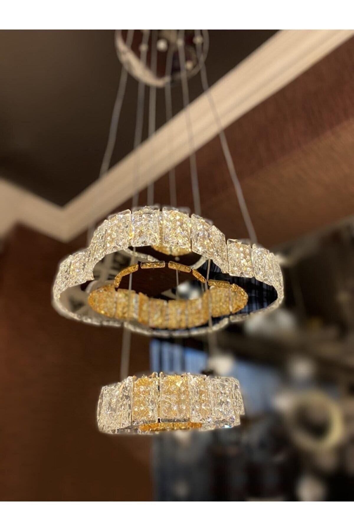 Luxury Modern Sarkıt Ikili Kristal Taşlı Power Led Avize Kumandalı Krom Ledli Avize