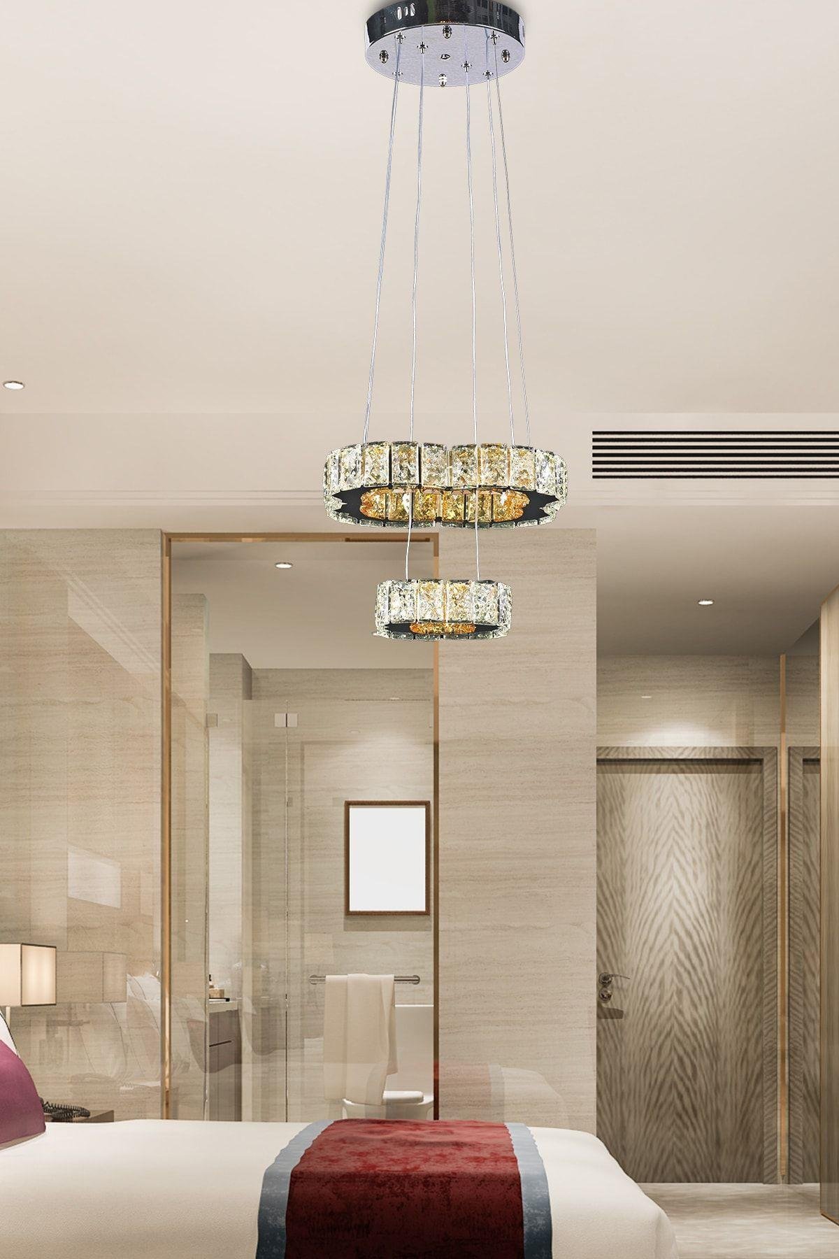 Luxury Modern Sarkıt Ikili Kristal Taşlı Power Led Avize Kumandalı Krom Ledli Avize