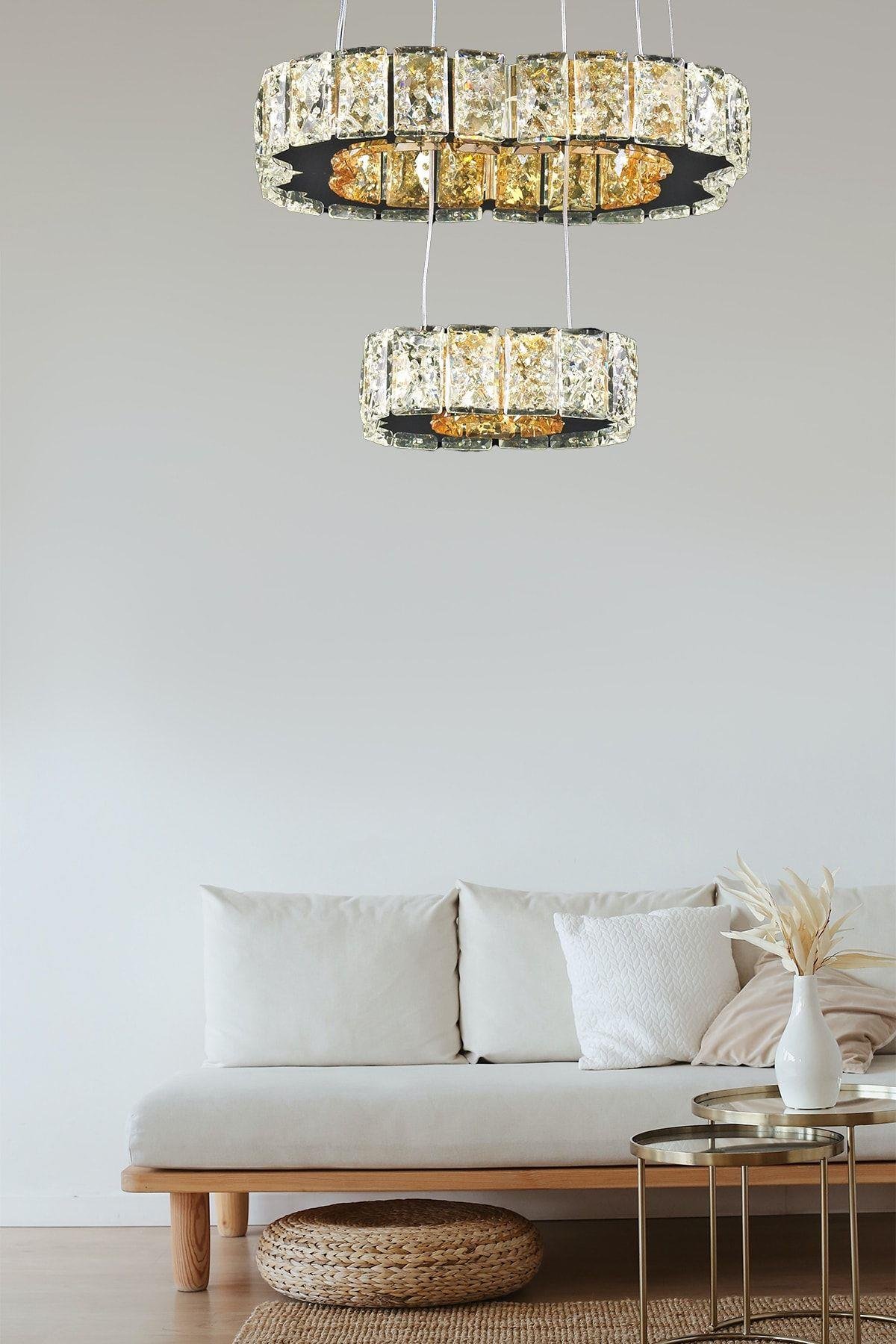 Luxury Modern Sarkıt Ikili Kristal Taşlı Power Led Avize Kumandalı Krom Ledli Avize