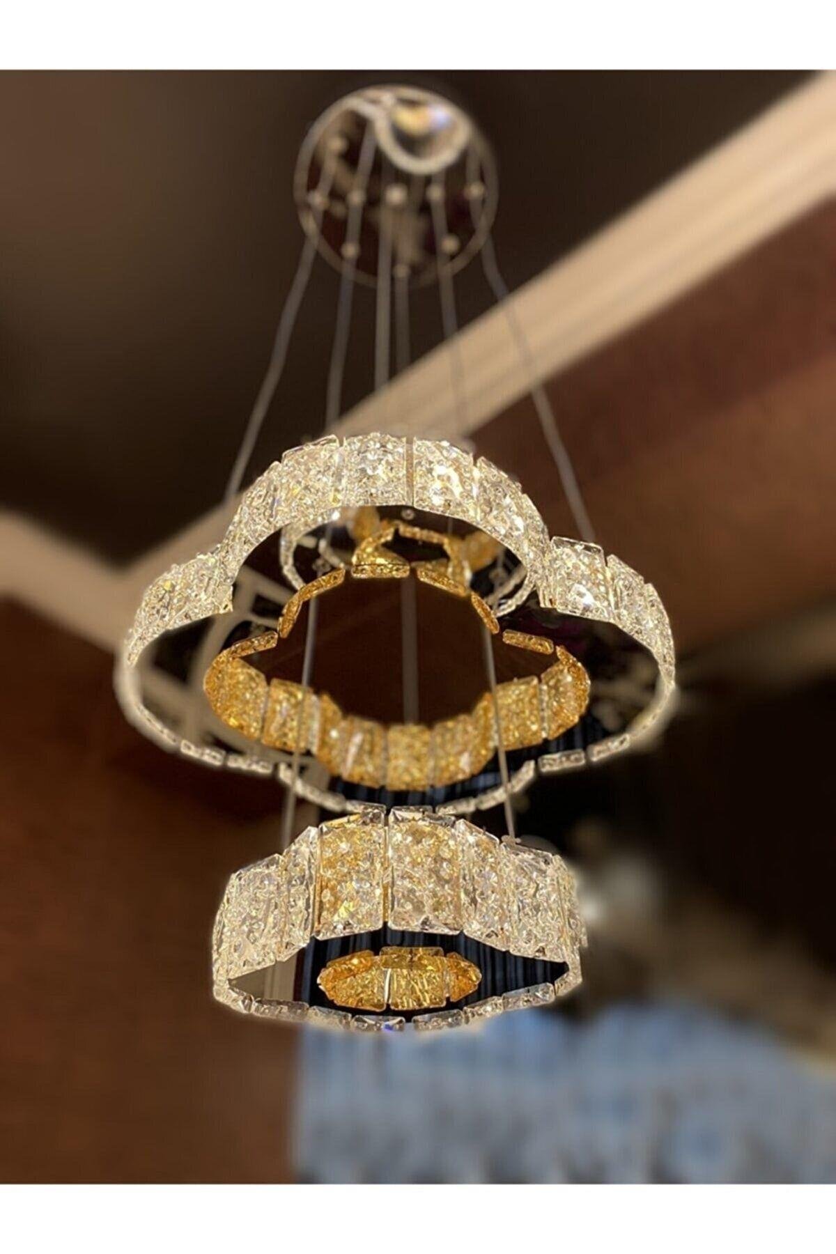 Luxury Modern Sarkıt Ikili Kristal Taşlı Power Led Avize Kumandalı Krom Ledli Avize