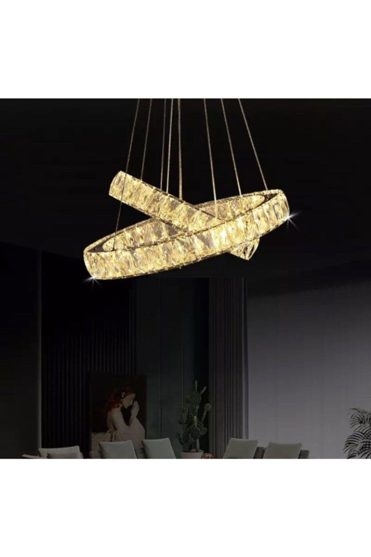 Luxury Modern Sarkıt Kristal Taşlı Led Avize Kumandalı 3 Renk Ledli Avize