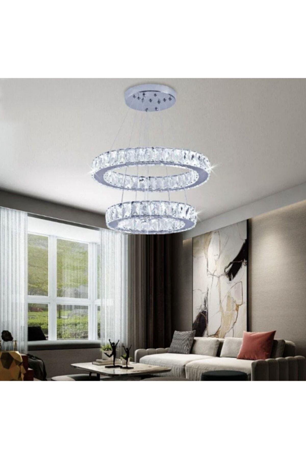 Luxury Modern Sarkıt Kristal Taşlı Led Avize Kumandalı 3 Renk Ledli Avize