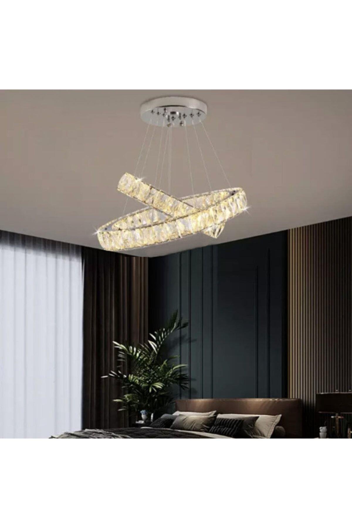 Luxury Modern Sarkıt Kristal Taşlı Led Avize Kumandalı 3 Renk Ledli Avize