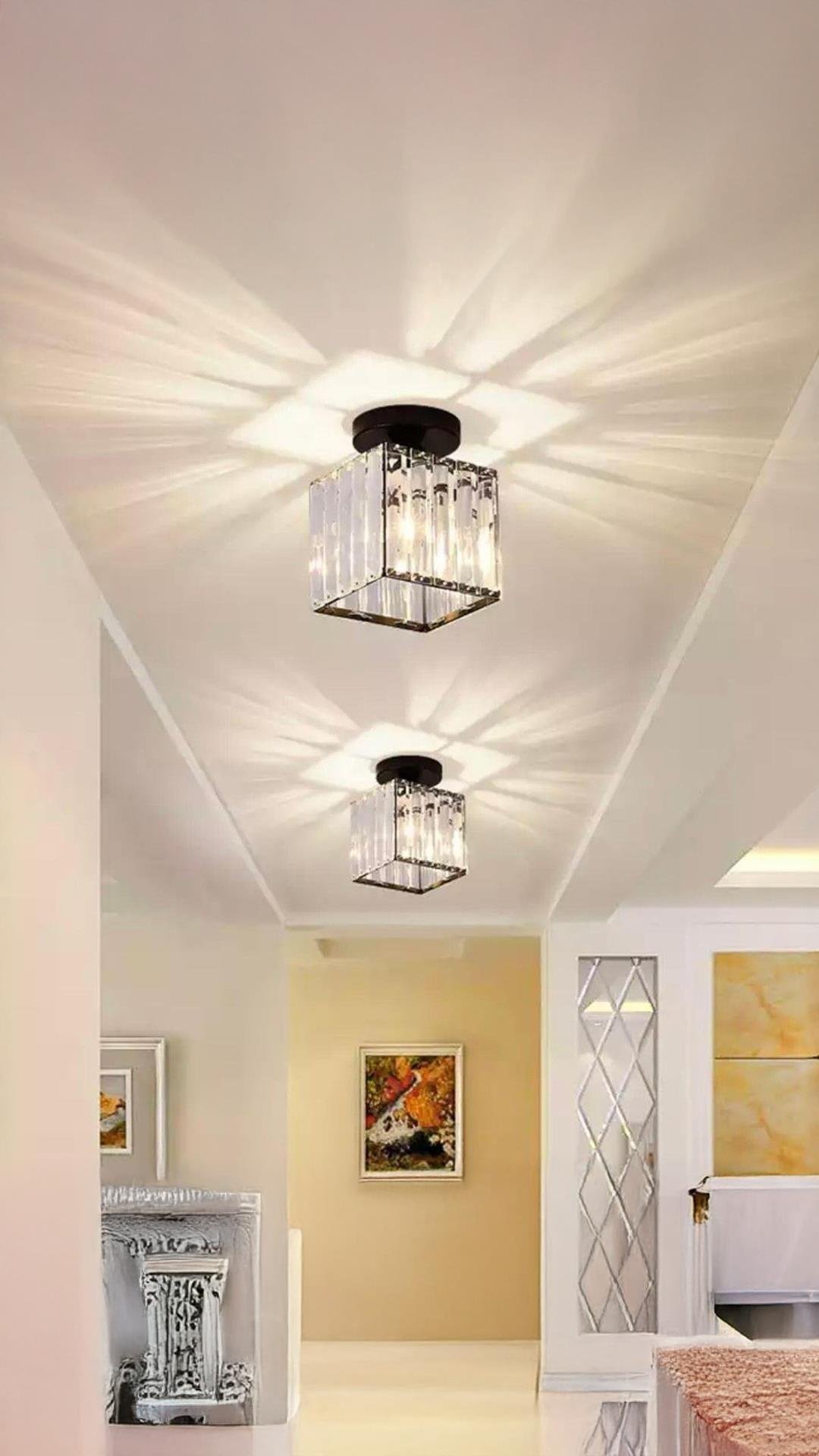 Luxury Plafonyer Tavan Kristal Taşlı Avize Kare Hol Avize Siyah